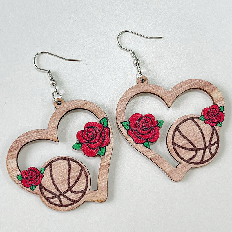 Wholesale 2pairs/pack Sports Balls Wooden Flower Hollow Love Sunflower Earrings